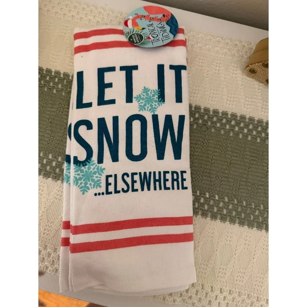 Tropical Tidings Kitchen Towel Let It Snow Flamingo Santa Hat Christmas Decor